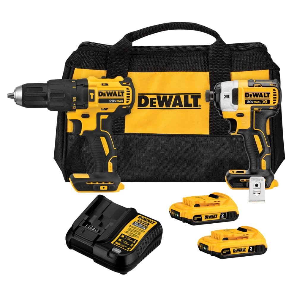 Juego de herramientas inalámbricas DEWALT que incluye un taladro de 20V, una llave de impacto, dos baterías, un cargador y una bolsa de transporte amarilla y negra.