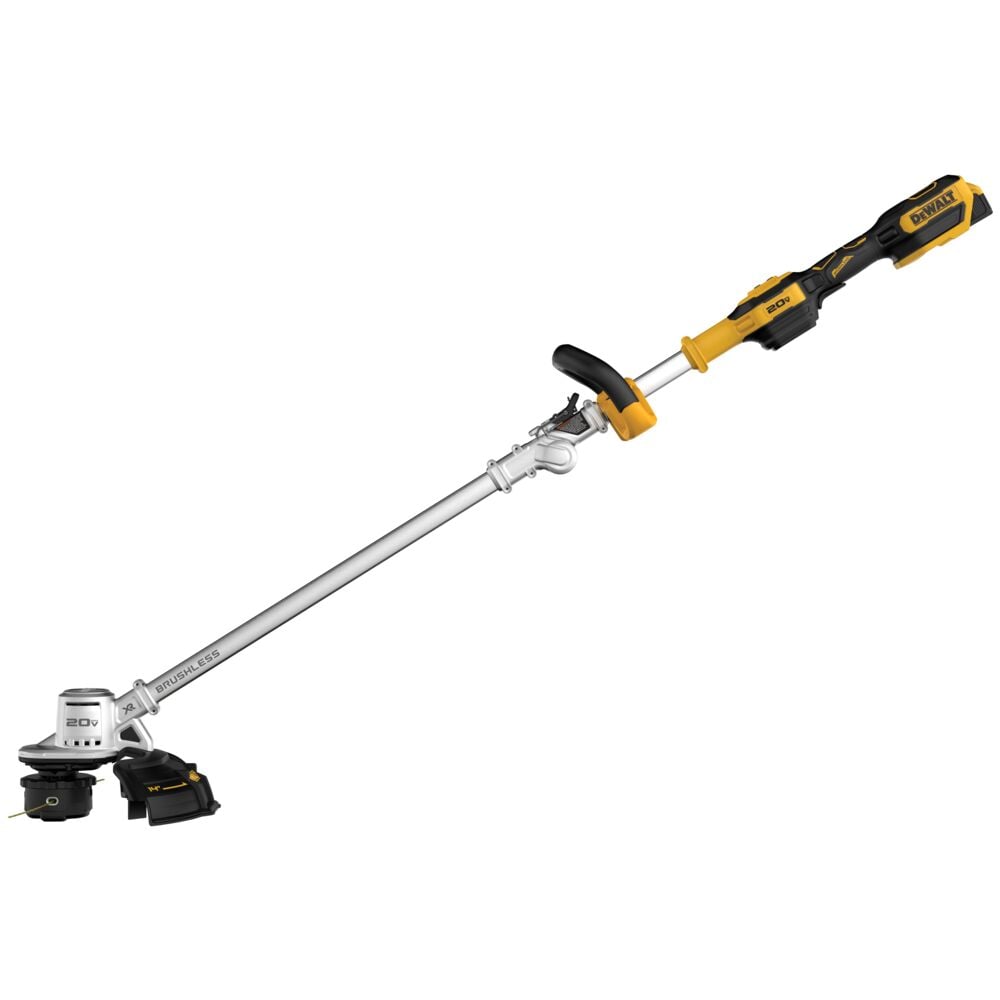 Un cortabordes inalámbrico DEWALT 20V con motor sin escobillas, detalles en amarillo y negro, eje recto y mango ergonómico.