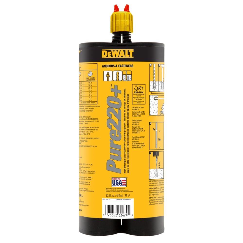 Cartucho de adhesivo de construcción DEWALT Pure220+, con etiquetas amarillas y negras y tapas rojas, usado para anclajes y fijaciones. En el envase se muestran instrucciones y especificaciones.