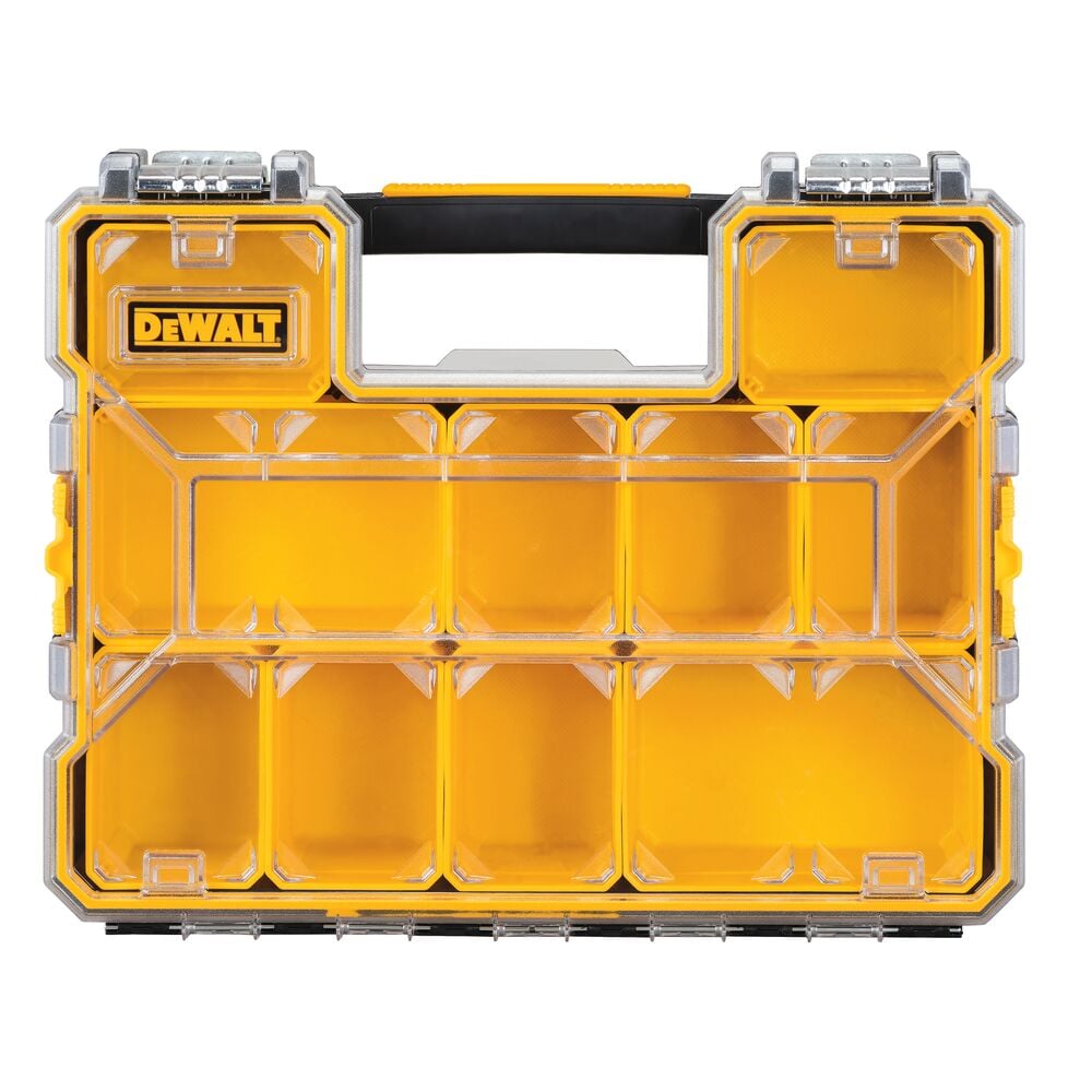 Una caja organizadora de plástico amarilla y negra DEWALT con tapa transparente, con varios compartimentos para almacenar artículos pequeños como accesorios de fotografía o ferretería.