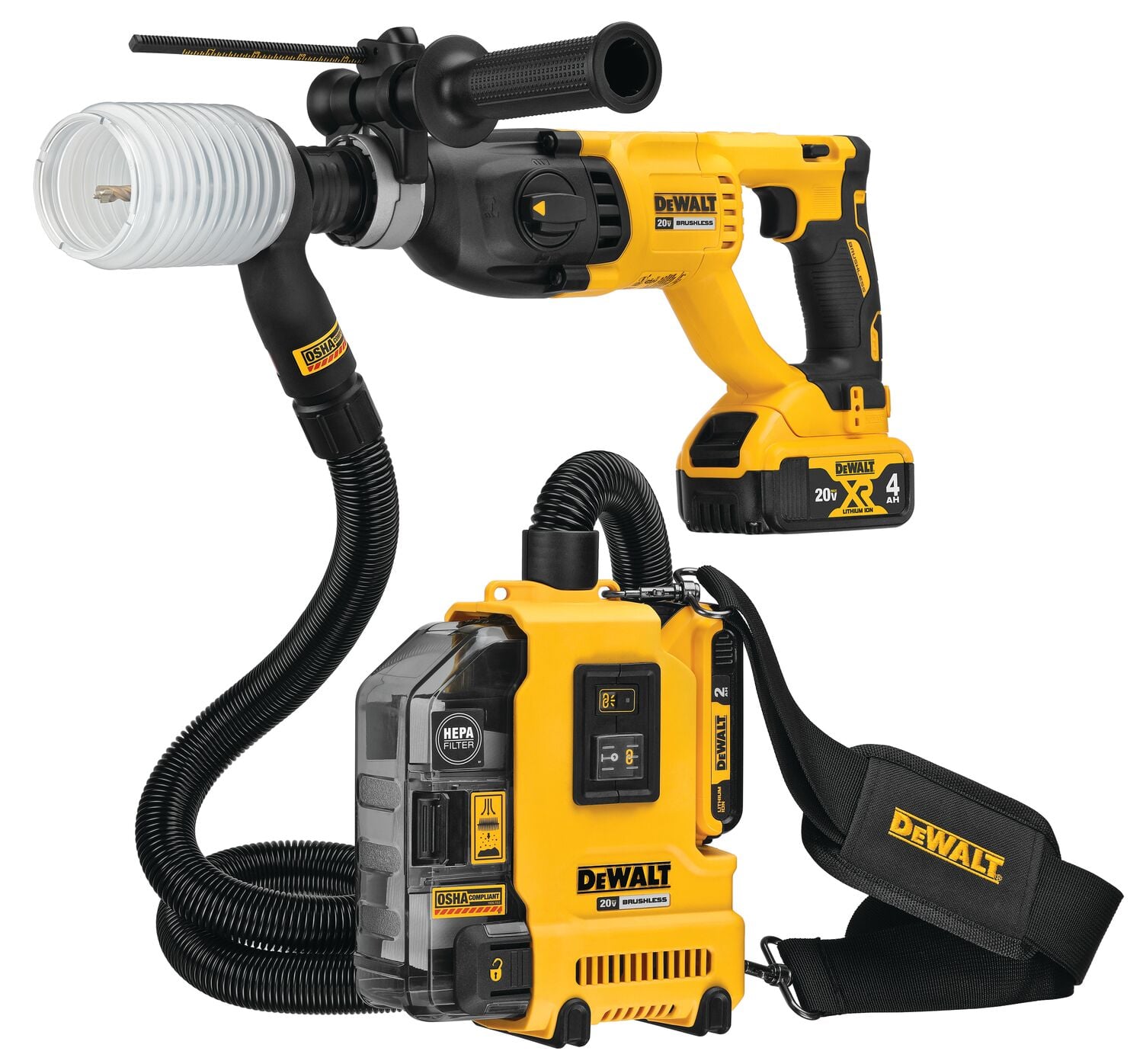Kit de extractor de polvo inalámbrico DEWALT, que incluye una unidad de extracción de polvo amarilla portátil con una manguera flexible conectada a un taladro rotatorio sin escobillas DEWALT 20V. El extractor de polvo tiene un filtro HEPA y una correa para el hombro para llevarlo cómodamente.