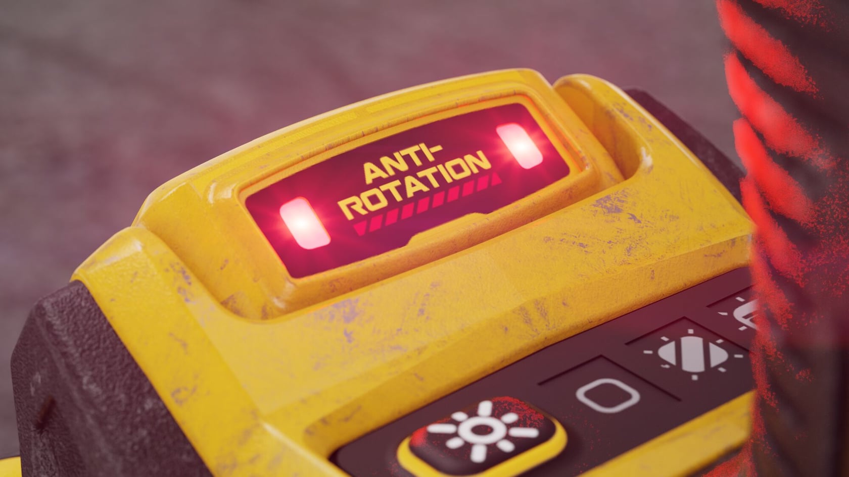 Close-up of a yellow DEWALT power tool control panel showing an illuminated red 'ANTI-ROTATION' indicator light and nearby buttons.
