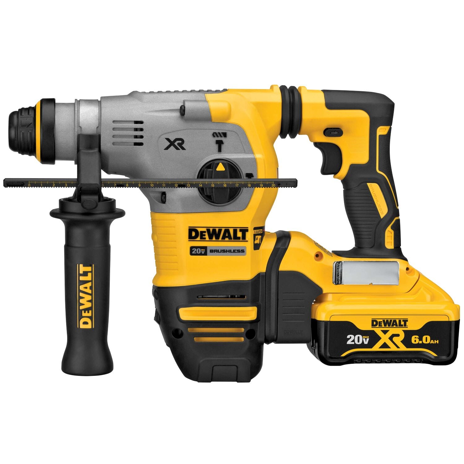 Un taladro rotatorio inalámbrico DEWALT 20V XR sin escobillas con mango lateral y batería de 6.0Ah, diseñado en amarillo y negro.
