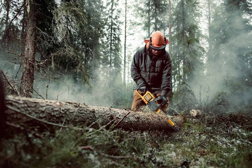 Una persona con equipo de protección está usando una motosierra amarilla DEWALT para cortar un árbol caído en un bosque brumoso.