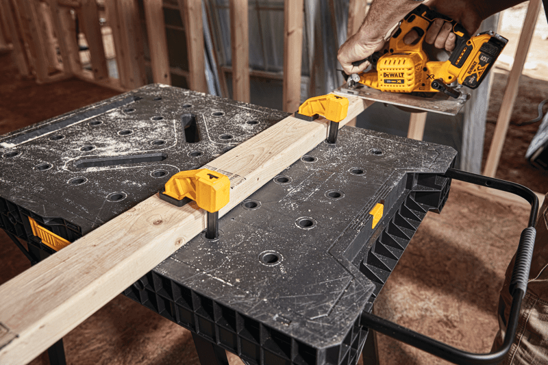 Express folding workbench holding a plank of wood as it is being worked upon.