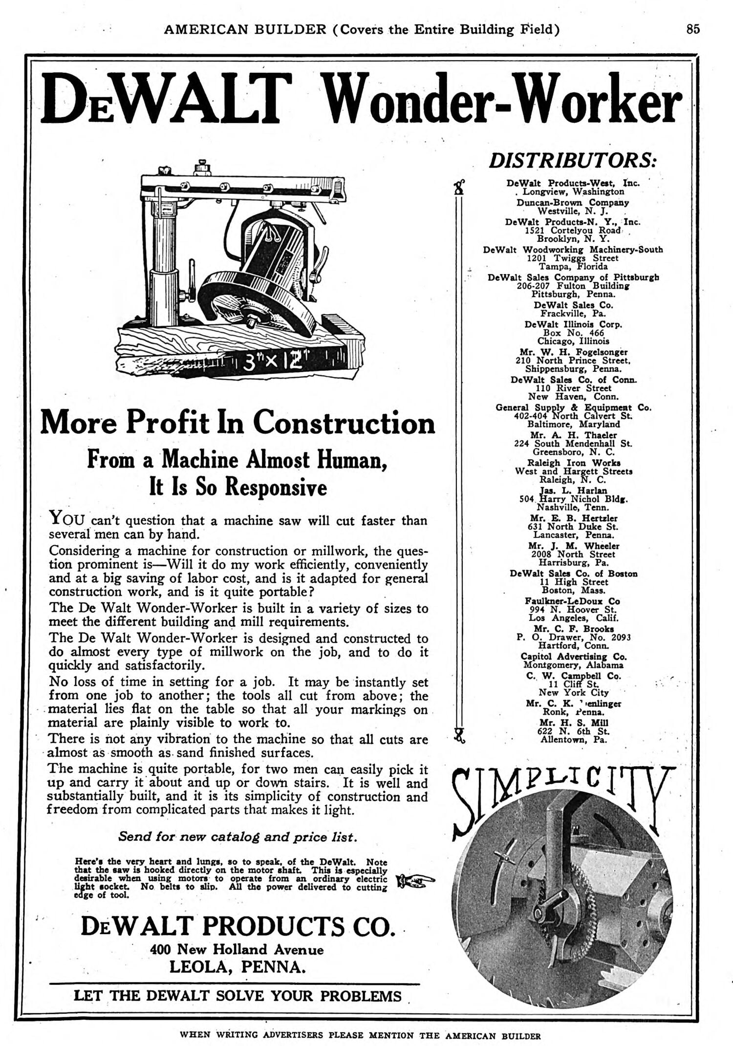 A vintage advertisement for the DeWALT Wonder-Worker features a black-and-white illustration of a construction machine (saw) and detailed text describing its benefits, such as faster cutting, portability, and simplicity. Distributor locations and contact information are listed on the right. The ad is from DeWALT PRODUCTS CO., Leola, Pennsylvania.