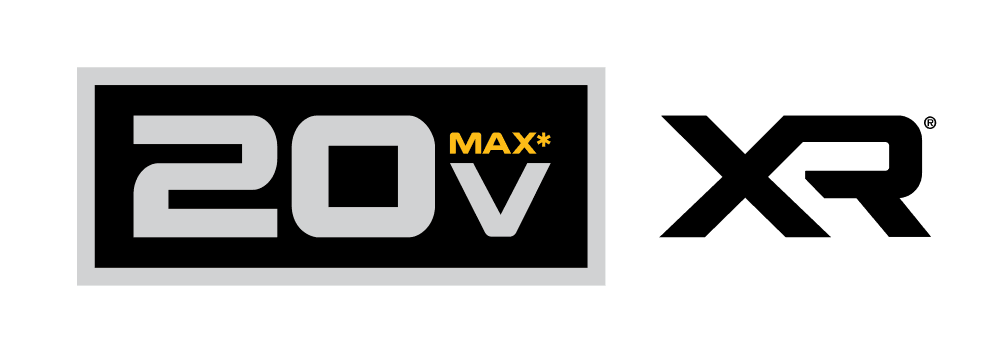 Logotipo con texto '20V XR' en negro y blanco, que representa una línea de productos DEWALT.