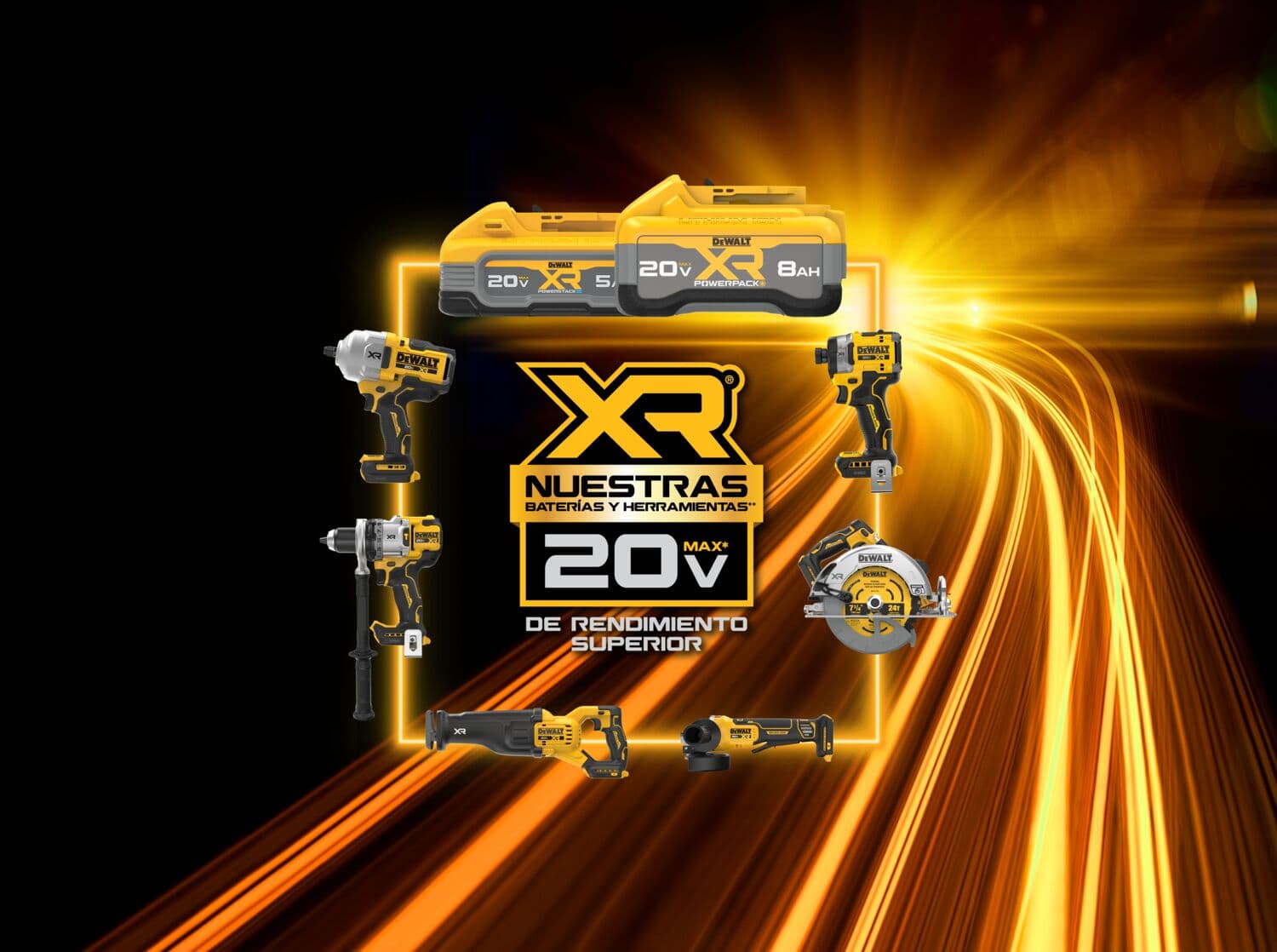 Gráfico promocional con herramientas eléctricas y baterías DEWALT XR 20V MAX. Las herramientas incluyen un martillo rotativo, destornillador de impacto, sierra circular, esmeriladora, sierra recíproca y baterías. El fondo tiene rayas de luz amarillas y naranjas dinámicas, y el centro muestra el logotipo XR y texto destacando rendimiento superior.