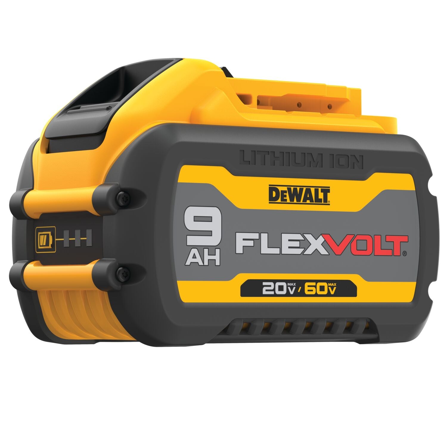 Una batería de litio DEWALT FLEXVOLT con capacidad de 9 amperios-hora, voltaje máximo de 20V/60V, mostrada con carcasa amarilla y negra.
