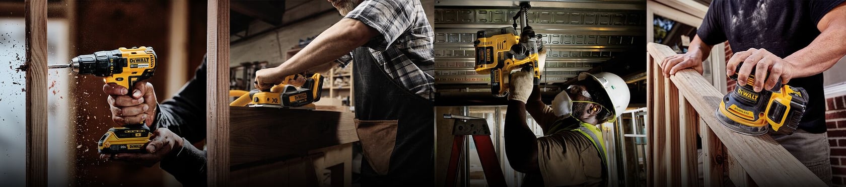 Un collage que muestra cuatro escenas diferentes de personas usando herramientas eléctricas inalámbricas DEWALT para tareas de construcción y carpintería. Las herramientas incluyen un taladro, una cepilladora, una sierra y una lijadora en varios entornos.