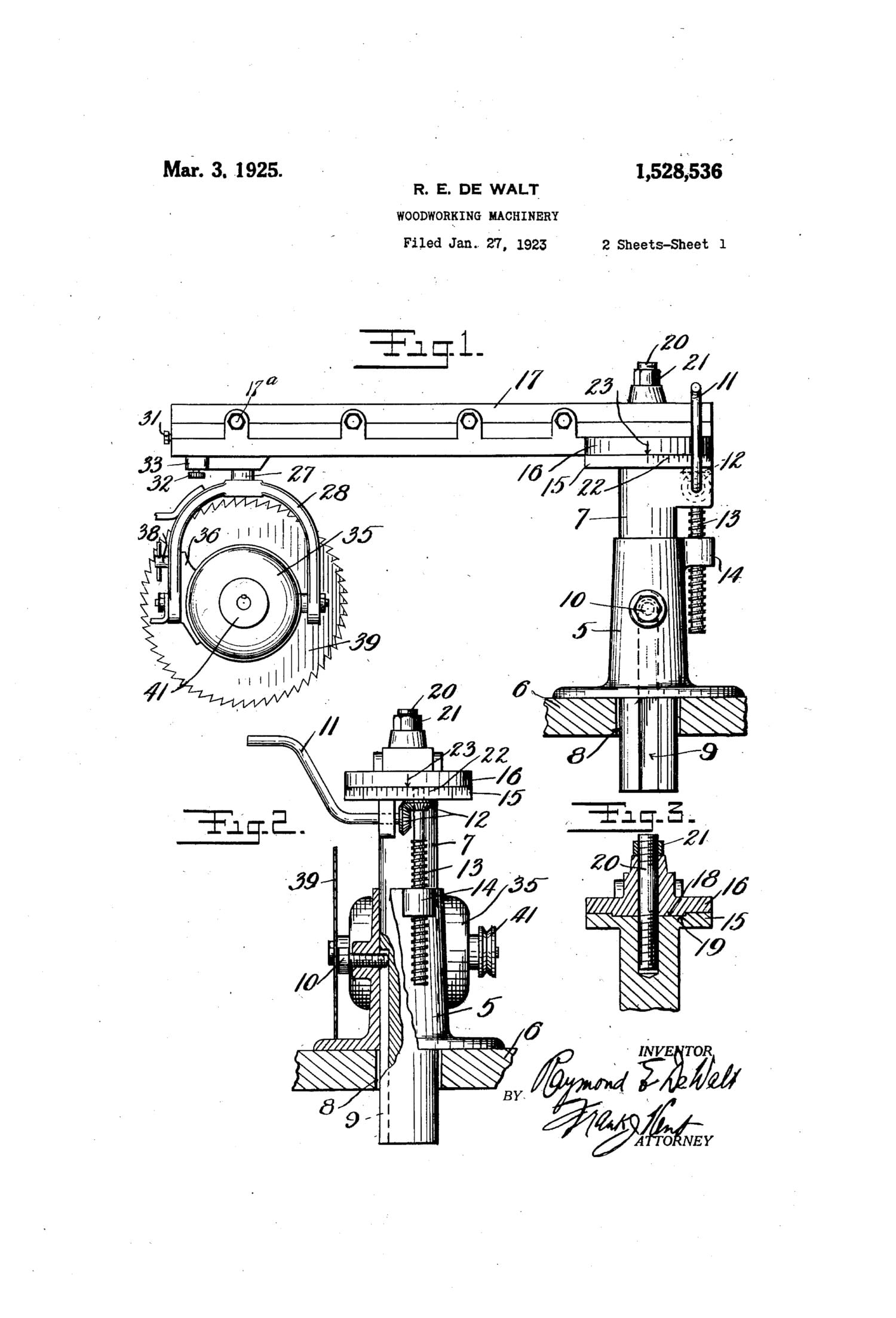 Technical drawing of a woodworking machinery patent by R. E. DeWalt, dated March 3, 1925. The diagram features mechanical components, including a circular saw blade and assembly details, accompanied by labeled parts and handwritten inventor and attorney signatures.