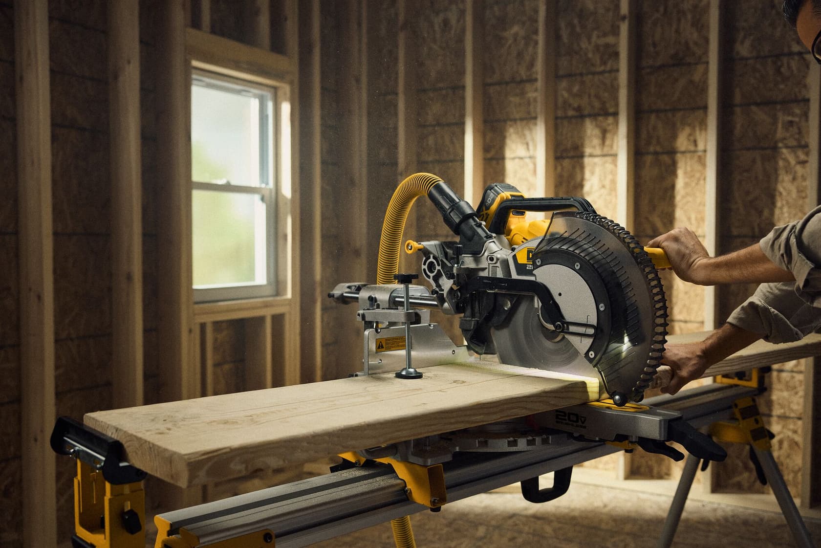 Una sierra de inglete DEWALT con una manguera amarilla para extracción de polvo cortando una pieza de madera, en un taller con paredes sin terminar y una ventana.