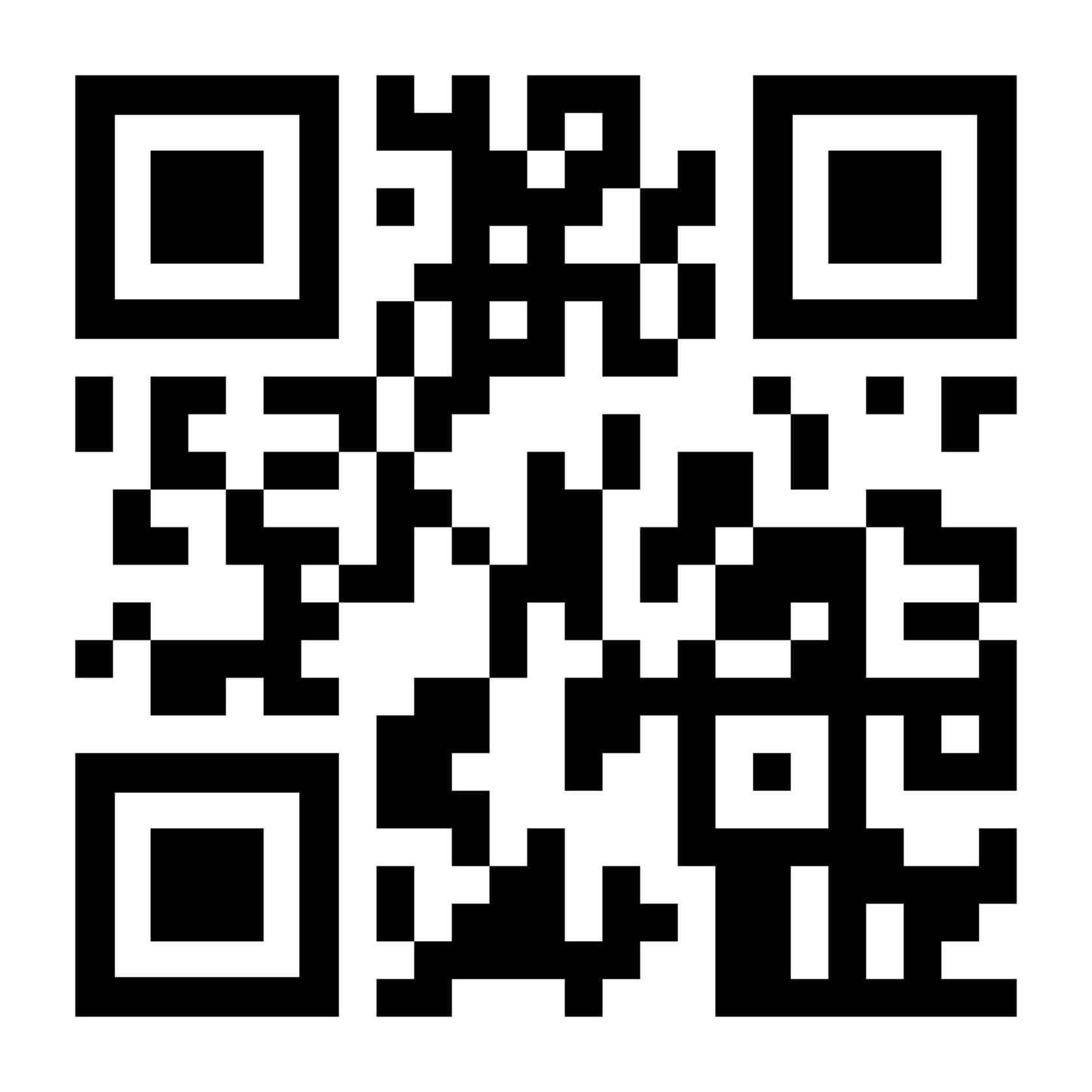 Un código QR en blanco y negro mostrado sobre un fondo blanco. El código QR puede ser escaneado con un teléfono inteligente o dispositivo para acceder a información digital.