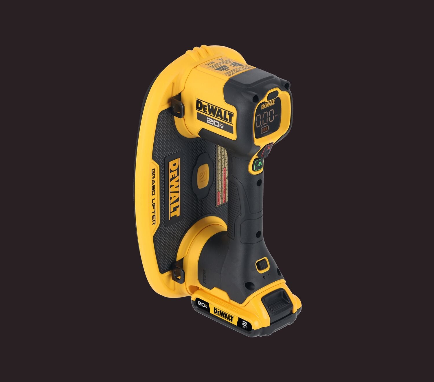 Una herramienta elevadora portátil DEWALT de 20V inalámbrica, diseñada en amarillo y negro. El dispositivo tiene un mango ergonómico y una pantalla digital, utilizado para levantar y transportar materiales pesados.