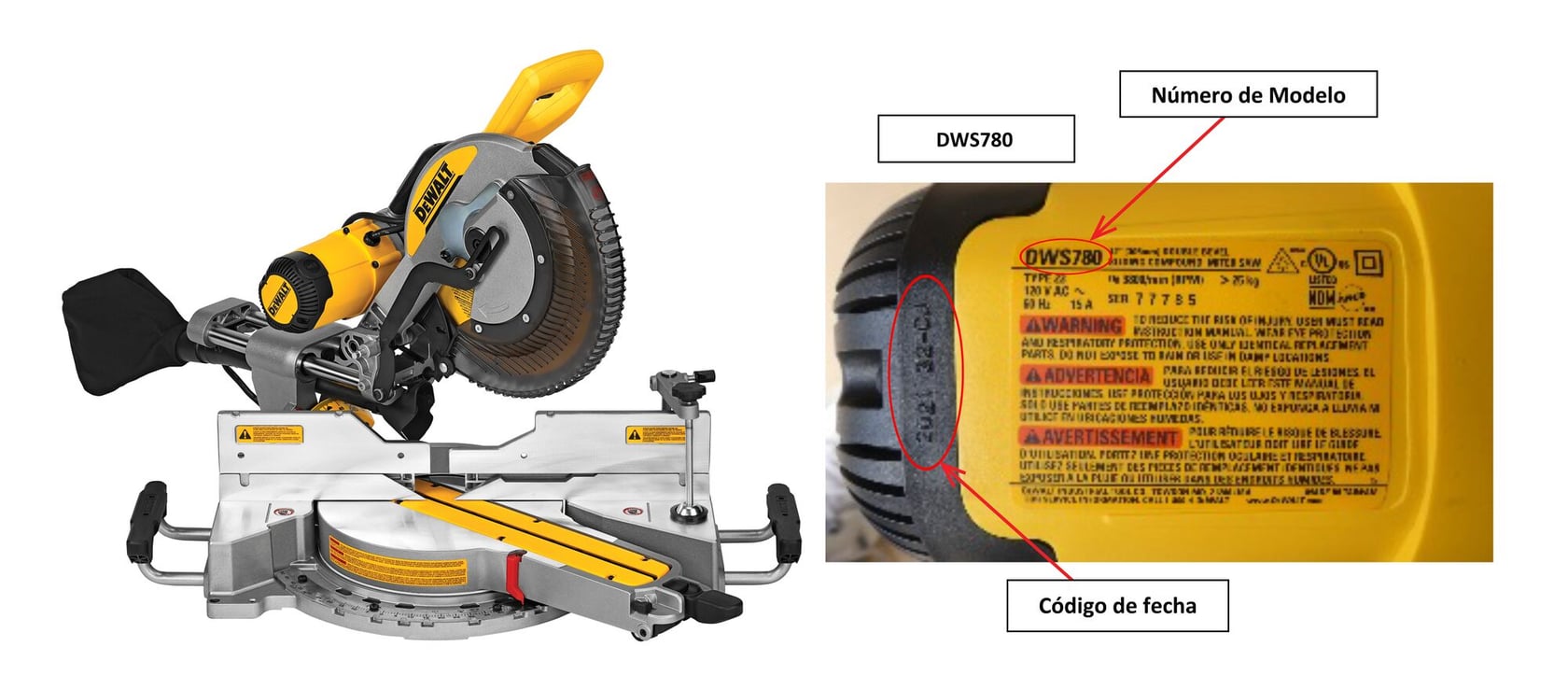 Miter Saw Model DWS780, showing rating plate of the Miter Saw