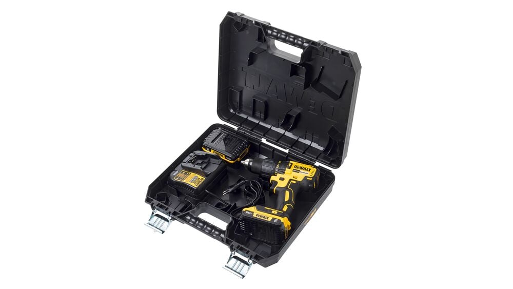 A DEWALT cordless power drill set in a black carrying case, including a yellow and black drill, two batteries, and a charger.