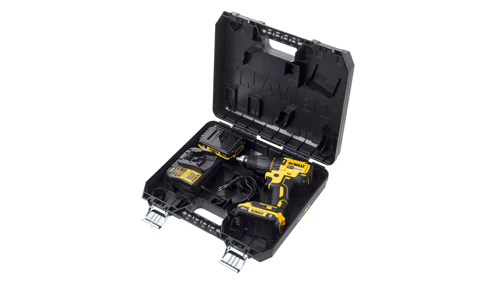 DCD7781 ON WHITE BACKGROUND OPEN CASE WITH CHARGER AND TWO BATTERIES