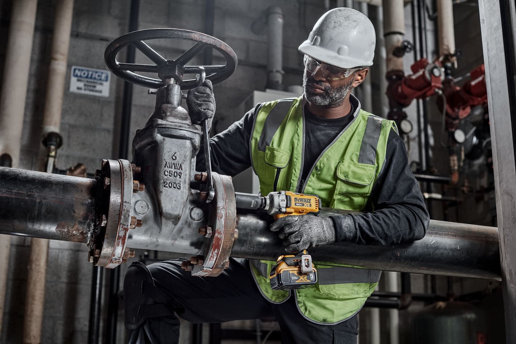 Un trabajador con chaleco de seguridad, guantes y casco utiliza una llave de impacto DEWALT DCF891B en una tubería industrial grande en una sala mecánica. El rostro del trabajador está difuminado para proteger la privacidad.