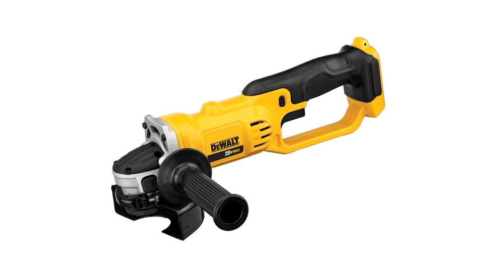 Una amoladora angular inalámbrica DEWALT 20V MAX con cuerpo amarillo y negro, mango negro y empuñadura lateral desmontable, mostrada sobre fondo blanco.