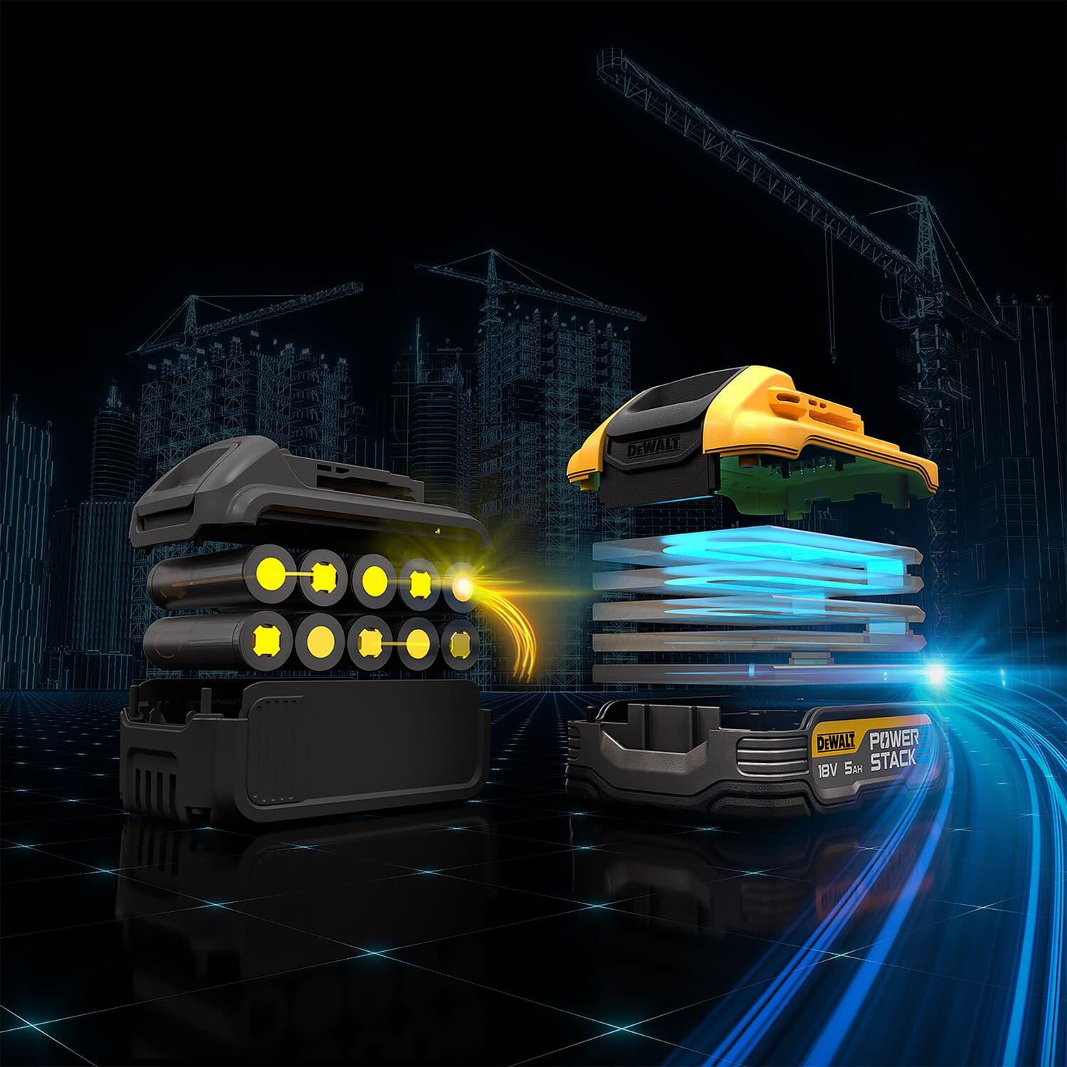 Ilustración digital que muestra una batería DEWALT POWERSTACK 18V 5AH con sus componentes internos separados en capas, destacando la tecnología avanzada de baterías. Un sitio de construcción y grúas se ven al fondo con efectos luminosos futuristas.