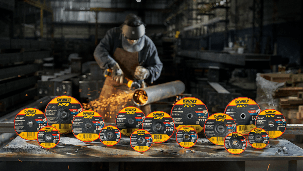 DEWALT METAL FACTORYFRONT VIEWPACKSHOT with operator cutting steel pipe on te back