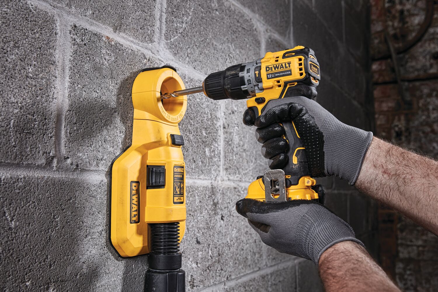 Brushless cordless hammer drill with battery drilling floor.