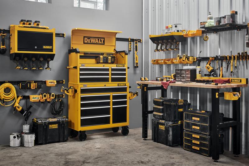 DEWALT Metal Chest and Cabinet Featuring Batteries, Lawn/Garden Kits, Portable Storage and Hand Tools.